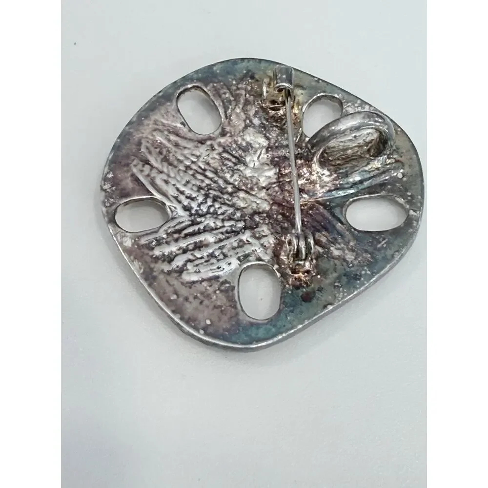 Vintage Sand Dollar Brooch Pendant Silver Tone Coastal Nautical 1.75” Seaside